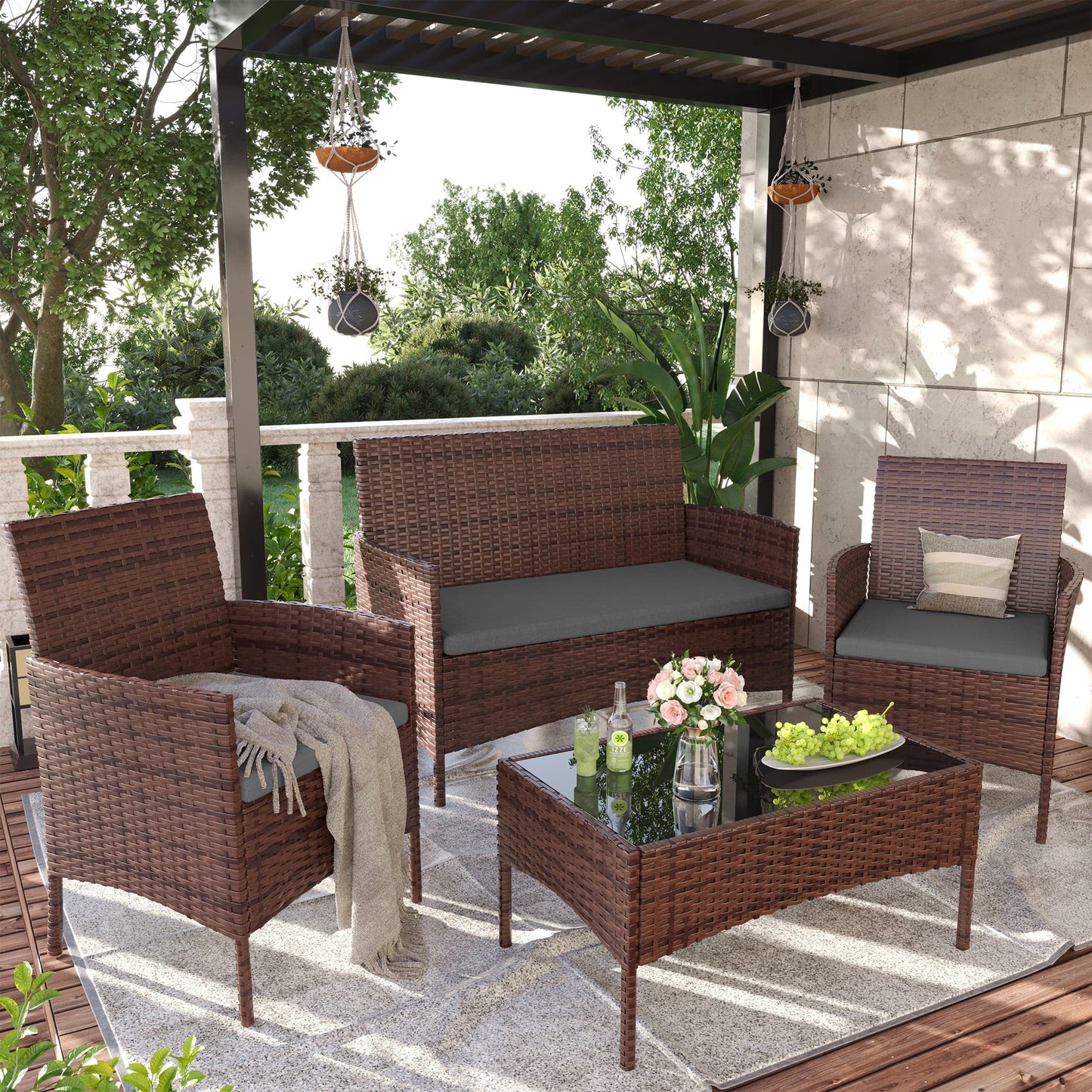 ECOPATIO Patio Furniture Set 4 Pieces Porch Furniture Outdoor Modular Wicker Patio Sectional Conversation Furniture Set for Backyard,Porch,Garden,Poolside and Balcony(Grey)