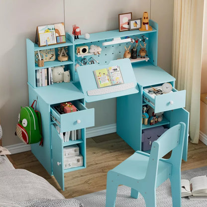 PAKASEPT Kids Desk and Chair Set with Hutch, Wooden Children Table with 3-Color Lights, Tiltable Desktop, Drawers, Storage Shelf, for Kids Bedroom