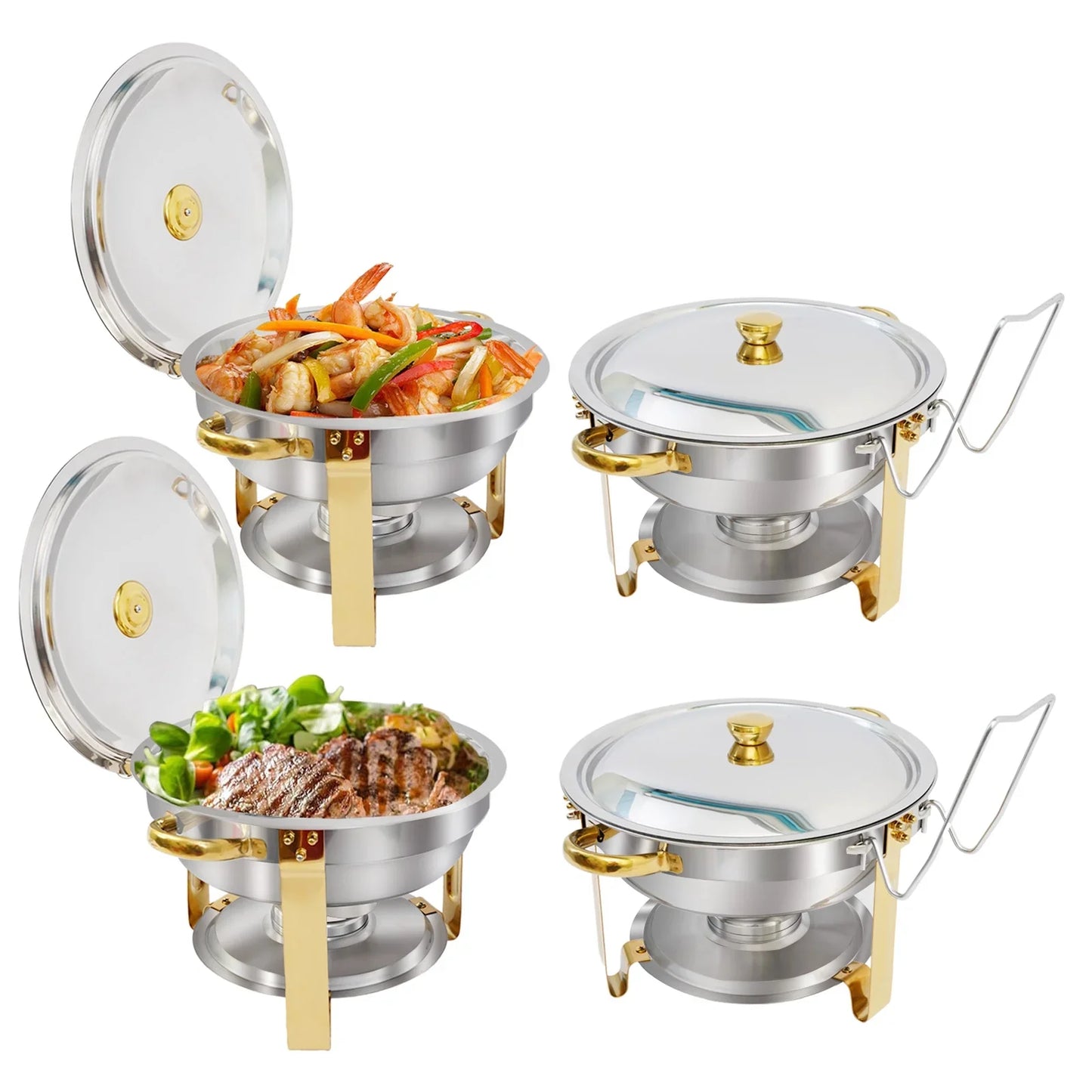 CATGOOD Chafing Dish Buffet Set 5QT Round Half-Gold Plated Stainless Steel Chafing Dish with Stainless Steel Lid, Buffet Warmer Set, 4-Pack, for Home Gatherings, Christmas Parties, Catering Events