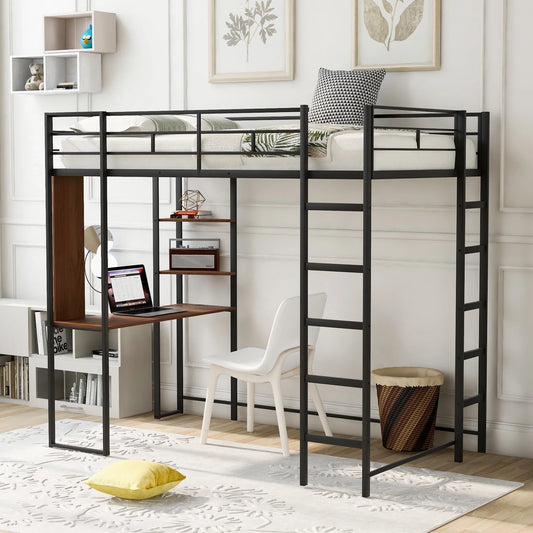 MODERNLUXE 71.6" High Twin Loft Bed,Metal Loft Bed Frame with 2 Shelves, Ladder and Wood Desk,Twin Size Bed Frame for Girls, Boys,Space-Saving,No Box Spring Needed,Black