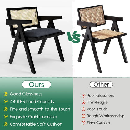 HomeZeer Rattan Dining Chars Set of 2, Upholstered Kitchen Chairs with Armrest and Cane Backrest, Mid Century Wooden Frame Dining Chais, Black