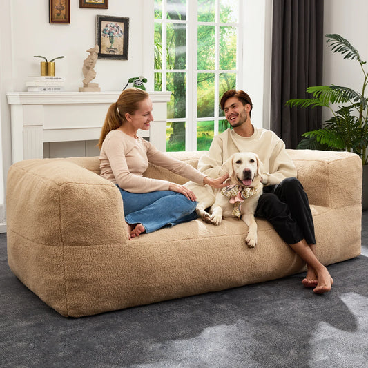 HOMGUAVA Oversized Bean Bag Chair for Adults, Giant Beanbag Sofa, Comfy Chair Lazy Sofa with Wide Armrests & Soft Sherpa Teddy Cover for Bedroom & Living Room, Khaki
