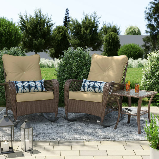 Poteban 3-Piece Outdoor Rocking Chairs, Wicker Patio Furniture with Thickened Cushions and Table for Porch (Khaki)