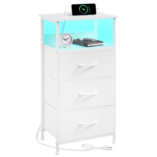 Somdot LED Dresser with Charging Station, 3 Lightweight Fabric Drawers and Open Shelf, White Leather