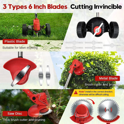 Electric Cordless Grass Trimmer, Cordless Weed Eaters Wacker, 24V 650W Battery Operated String Trimmer Mower, Weed Lawn Edger Eater, Electric Grass Cuting Machine with Wheels