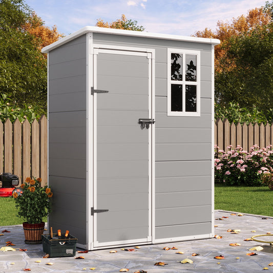 Poteban Outdoor Storage Shed 5x3 FT, Resin Garden Shed for Backyard, Patio, Lawn, Grey & White