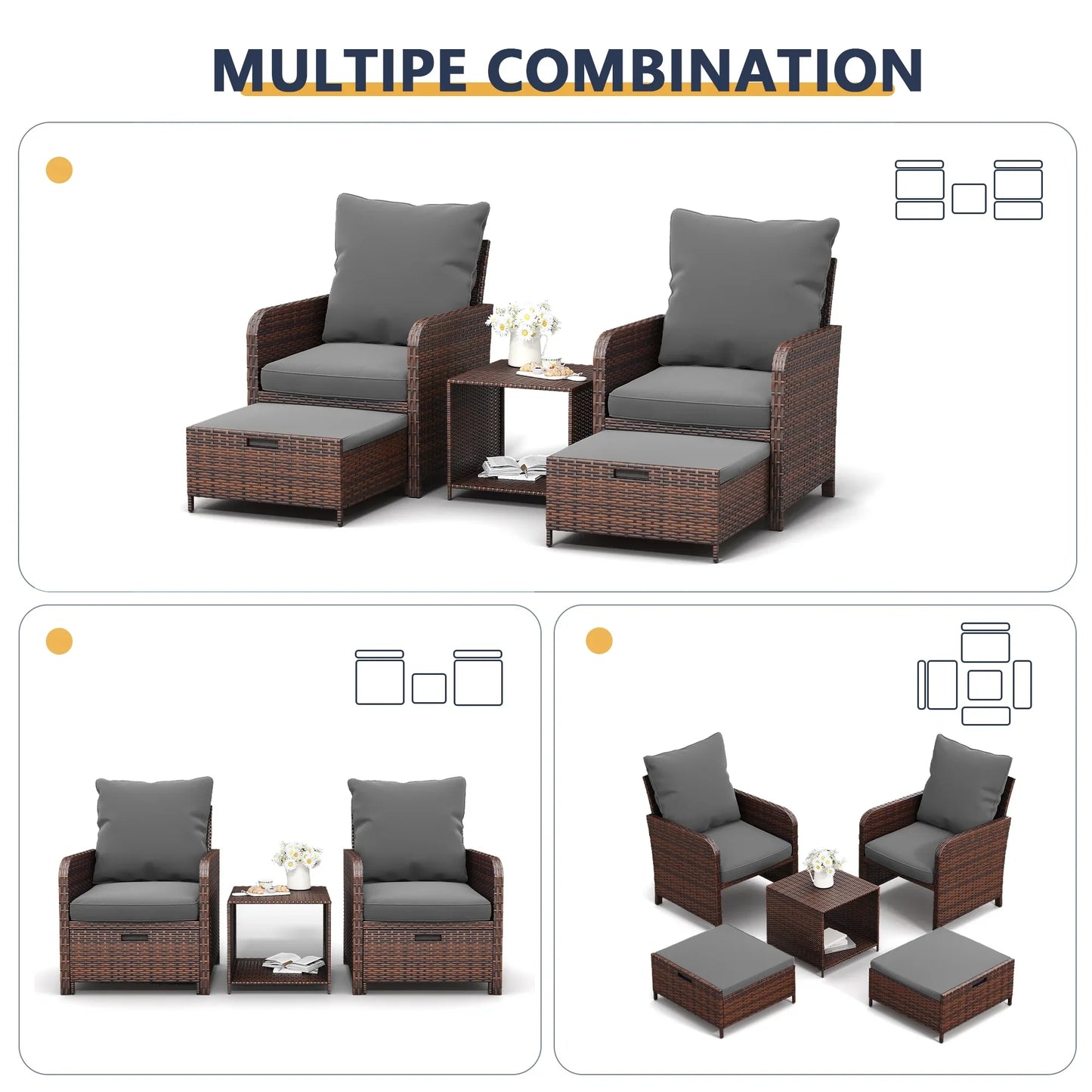 ECOPATIO 5 Piece Patio Furniture Set, Outdoor Patio Conversation Rattan Chair with Ottomans w/Storage Coffee Table for Patio, Space Saving Design for Balcony Poolside Front Porch Deck,Gray