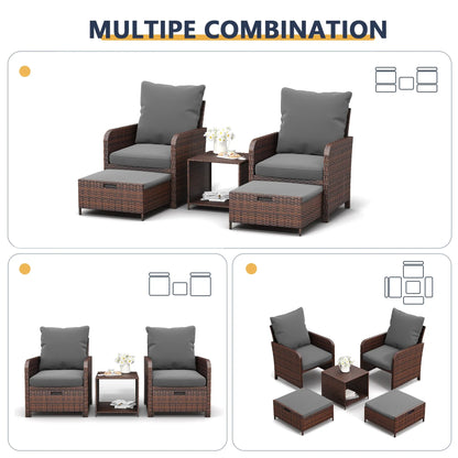 ECOPATIO 5 Piece Patio Furniture Set, Outdoor Patio Conversation Rattan Chair with Ottomans w/Storage Coffee Table for Patio, Space Saving Design for Balcony Poolside Front Porch Deck,Gray