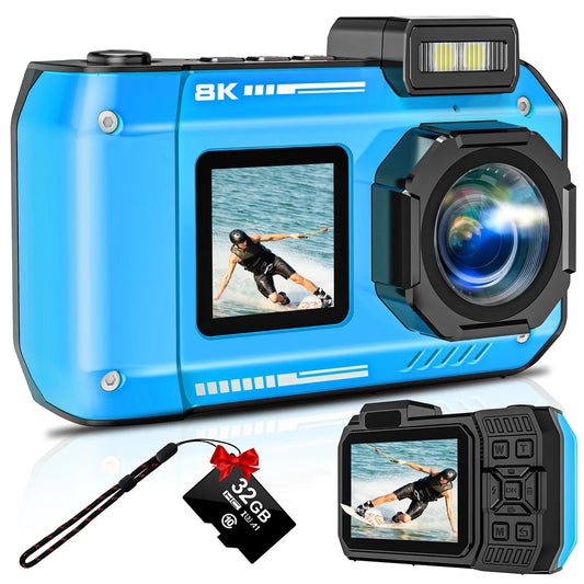 MARVUE Digital Camera 8K 70MP Autofocus Rugged Dustproof Shockproof Waterproof Camera with 32GB Card Dual-Screen Selfie 33FT Underwater Camera for Snorkeling