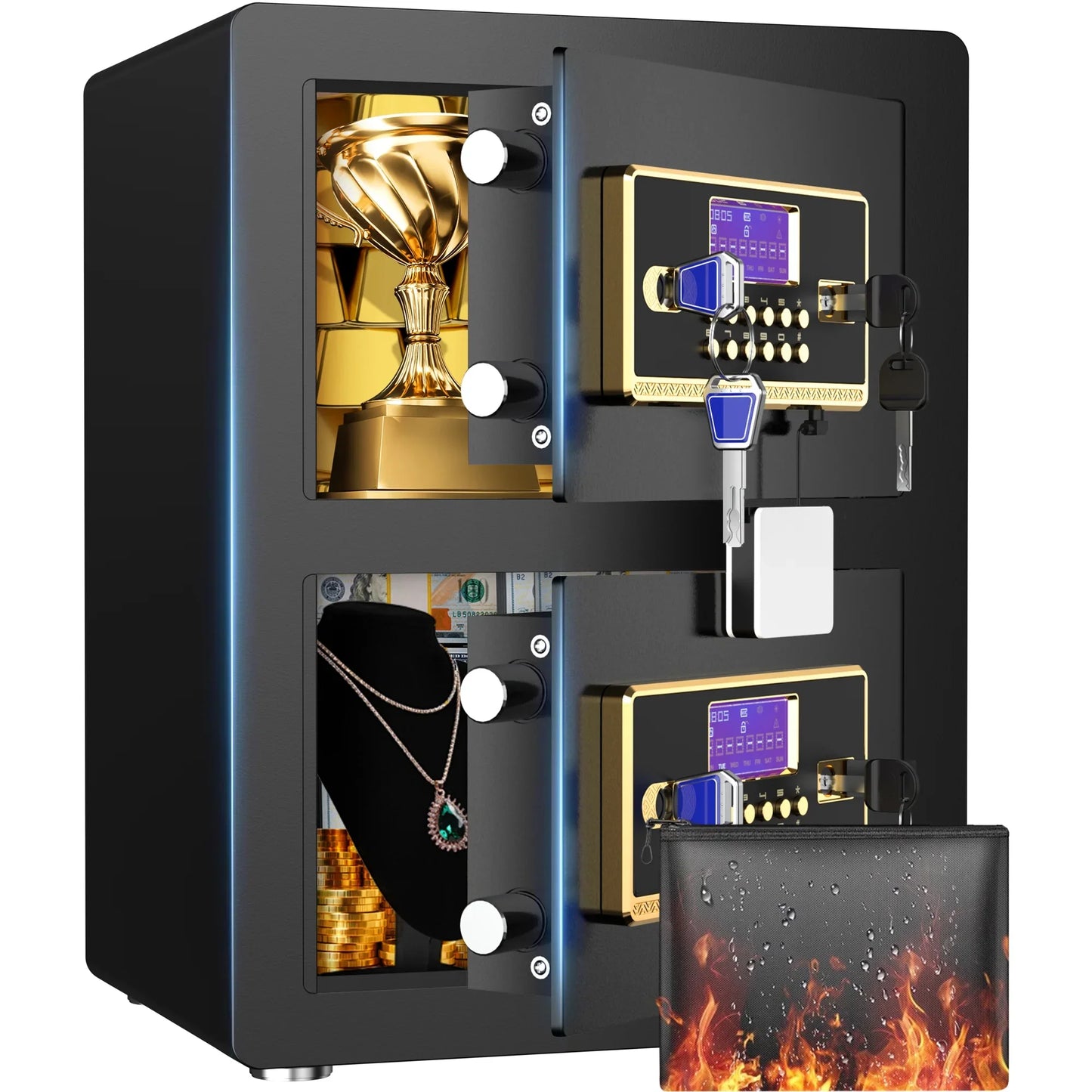 TNTANTS 4.6 Cuft Large Double Door Safe Box, Digital Keypad Home Safe With Fireproof Waterproof Bag, Security Safe for Money Business Office Black