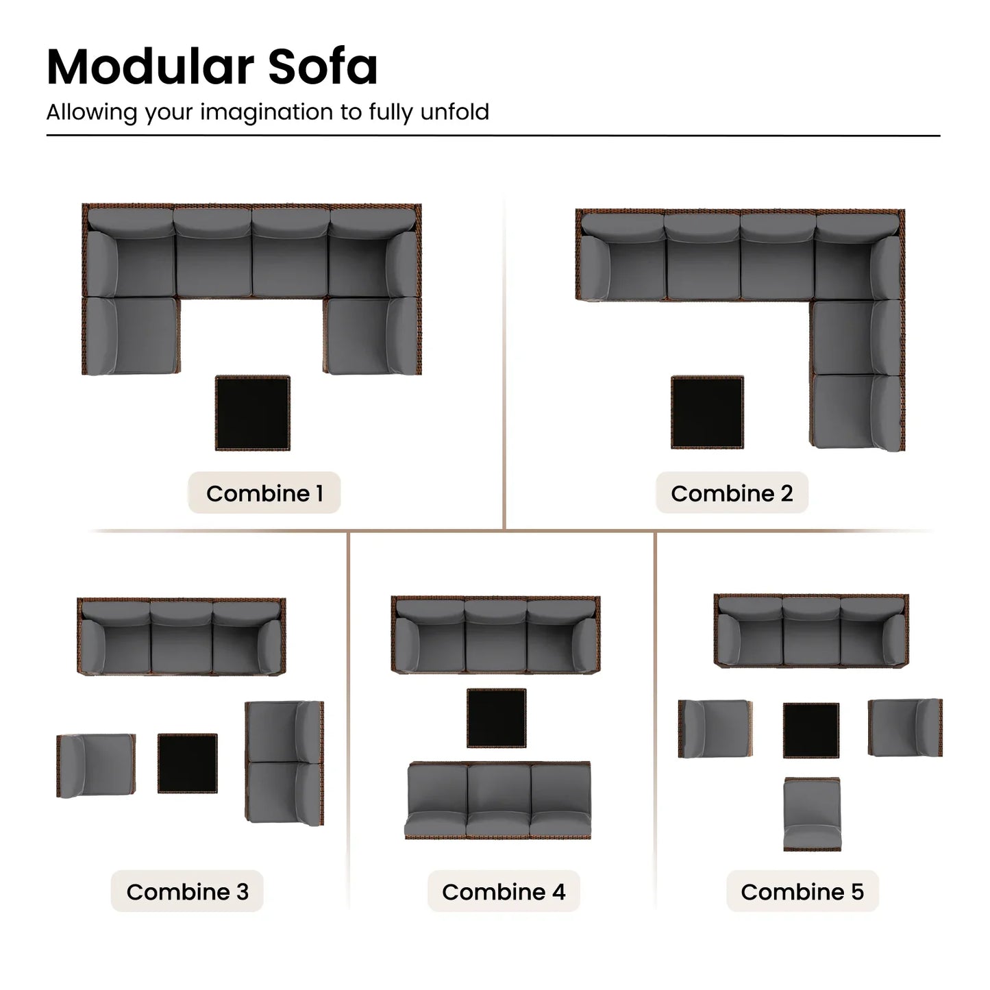 ECOPATIO 7 Pieces Patio Furniture Set, Outdoor Furniture Sectional Rattan Sofa with Slanted Back, Patio Couch with Glass Coffee Table for Backyard Garden Dark Grey (1 Waterproof Cover)