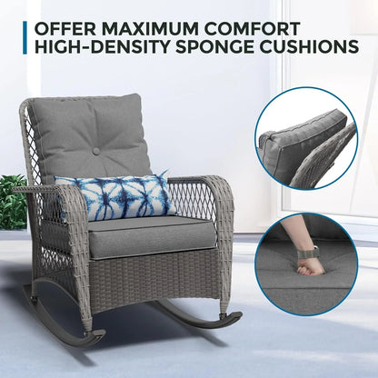 ECOPATIO Outdoor Rocking Chairs Set of 3, Wicker Patio Furniture with Thickened Cushions and Table for Porch£¬350lbs Weight Capacity(Gray)