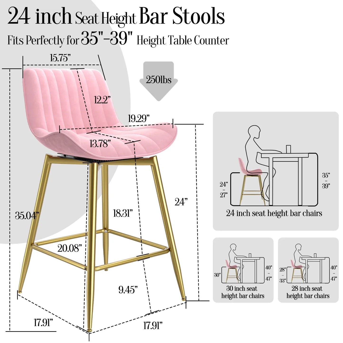 Homezeer 24" Counter Height Bar Stools Set 2 Gold Metal Legs , Velvet Upholstery Kitchen Stools Pink