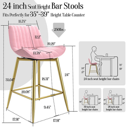 Homezeer 24" Counter Height Bar Stools Set 2 Gold Metal Legs , Velvet Upholstery Kitchen Stools Pink