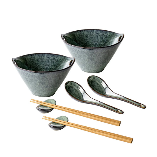 UNICASA 26 OZ Ramen Bowls Set, Ceramic Japanese Noodle Bowls Set of 2, Porcelain Deep Salad Bowl with Chopsticks for Udon, Reactive Glaze, Microwave Safe (Green)