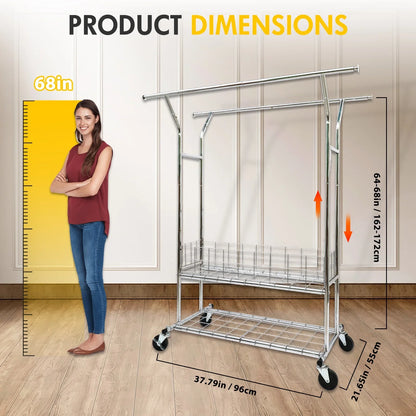 Heavy Duty Clothes Rack with Metal Basket, 625lbs Clothing Racks with Wheels, Rolling Garment Rack for Hanging Clothes, Commercial Adjustable Double Rod Hanging Rack
