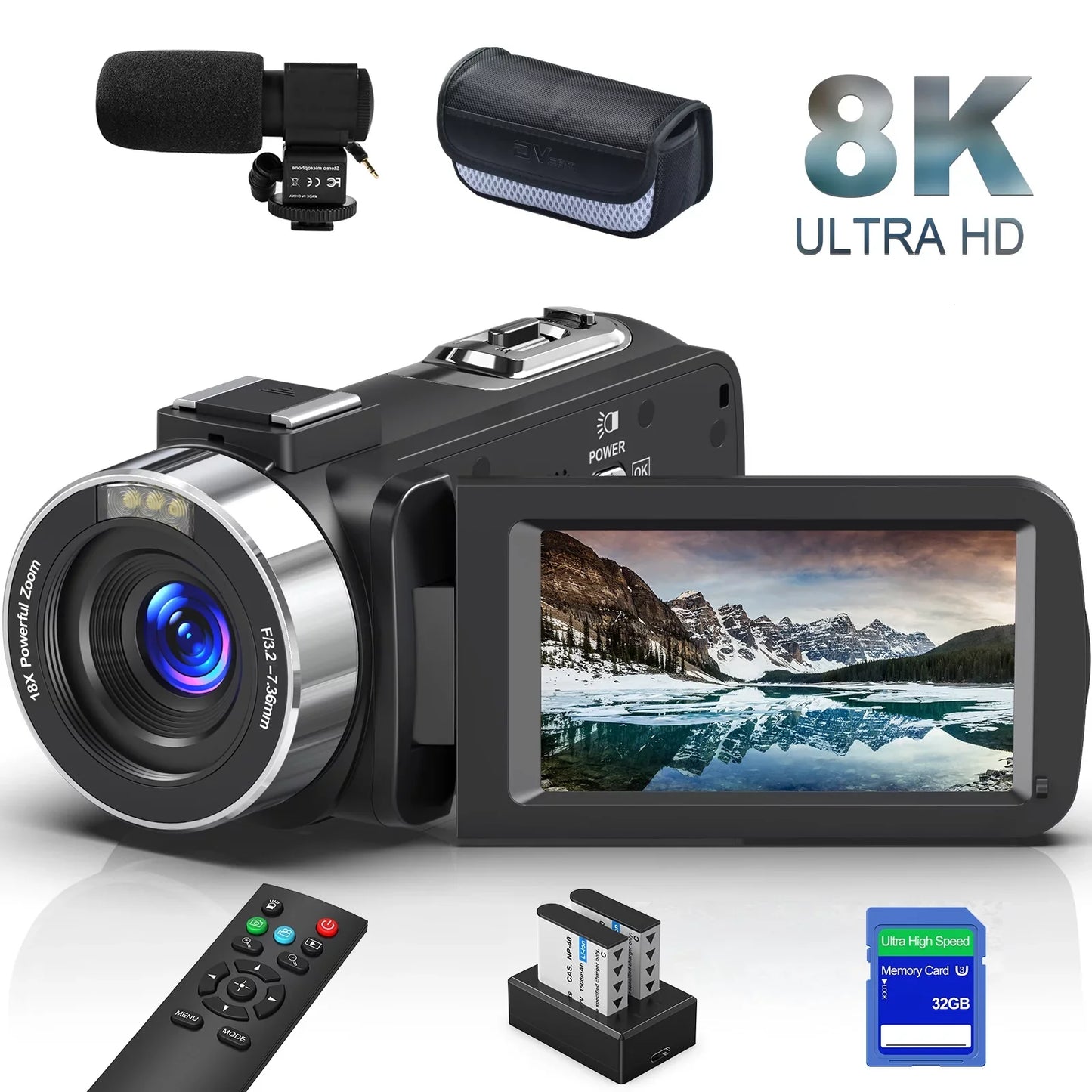 MARVUE 8K Video Camera 64MP 18X Digital Camera Video Camera for Youtube 3.0 inch Flip Screen Camcorder Vlogging Camera with 32GB SD Card, 2.4G Remote Control, Two Batteries and External Mic