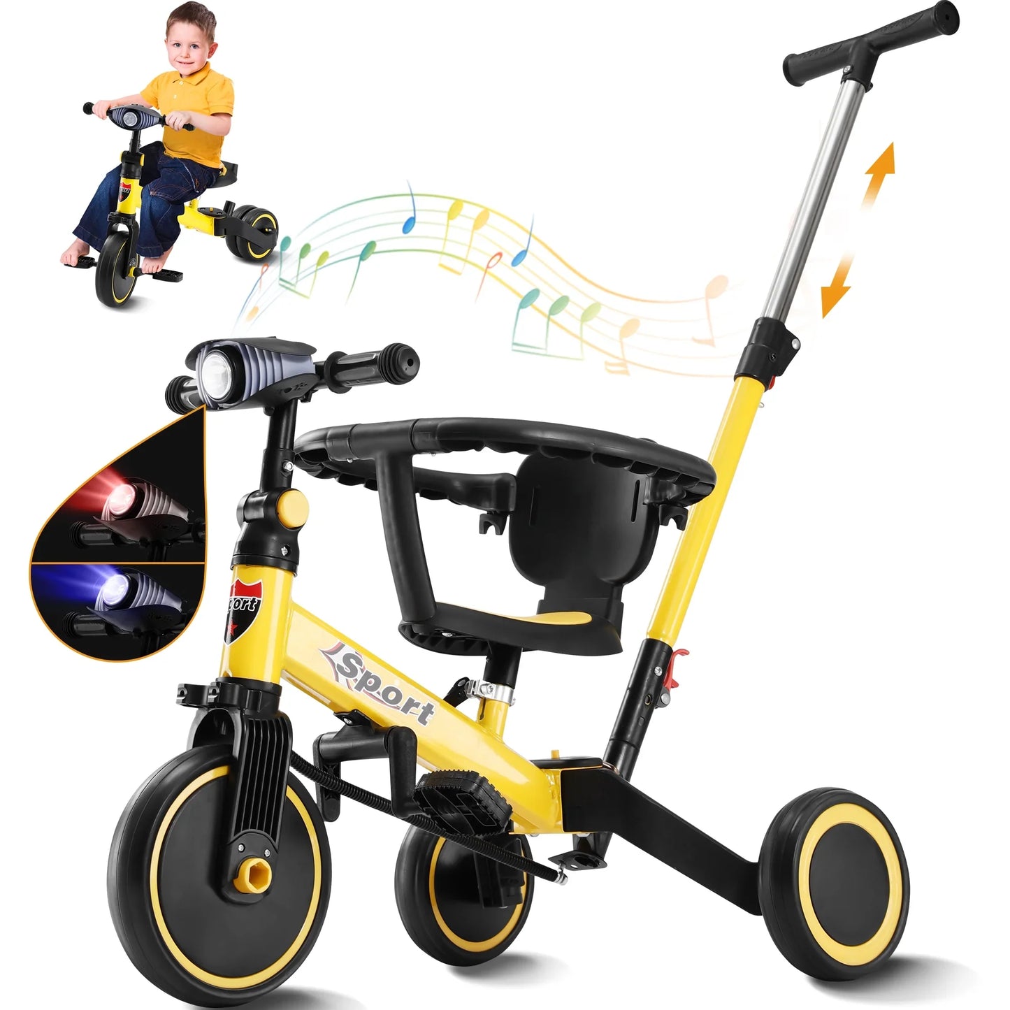TNTANTS 5 in 1 Toddler Tricycle for 1-3 Years Olds, Toddler Balance Bike with Removable Pedal & Backrest, Parent Push Handle, Colorful Headlights and Kids Music, Birthday Gift for Boy Girl Yellow