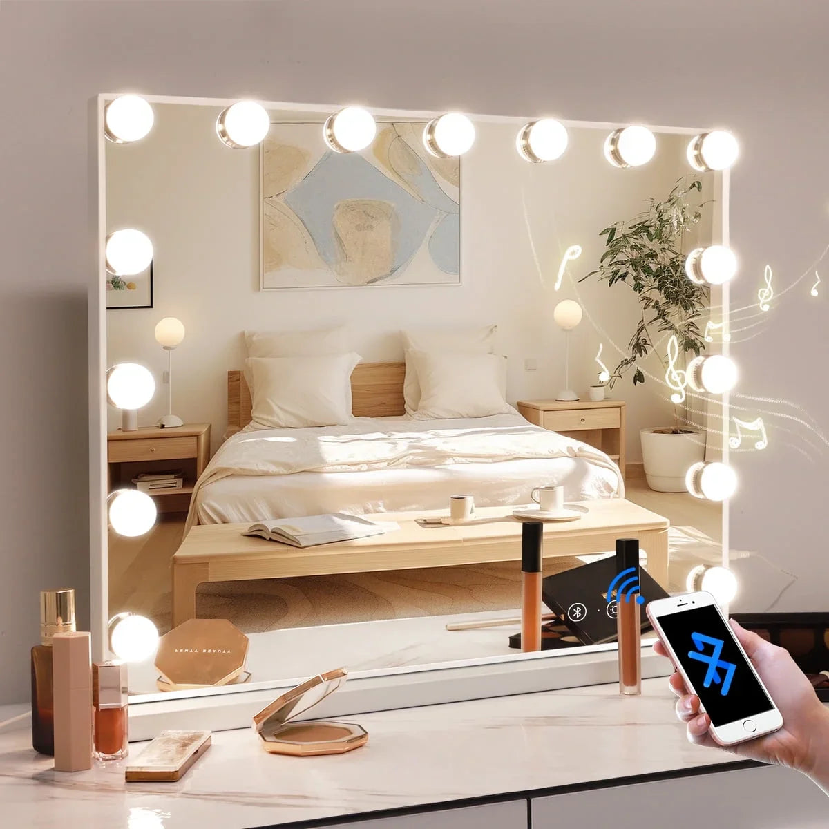 Fenchilin Hollywood Vanity Mirror with Lights Bluetooth Tabletop Wall Mount Metal White 23''x19''