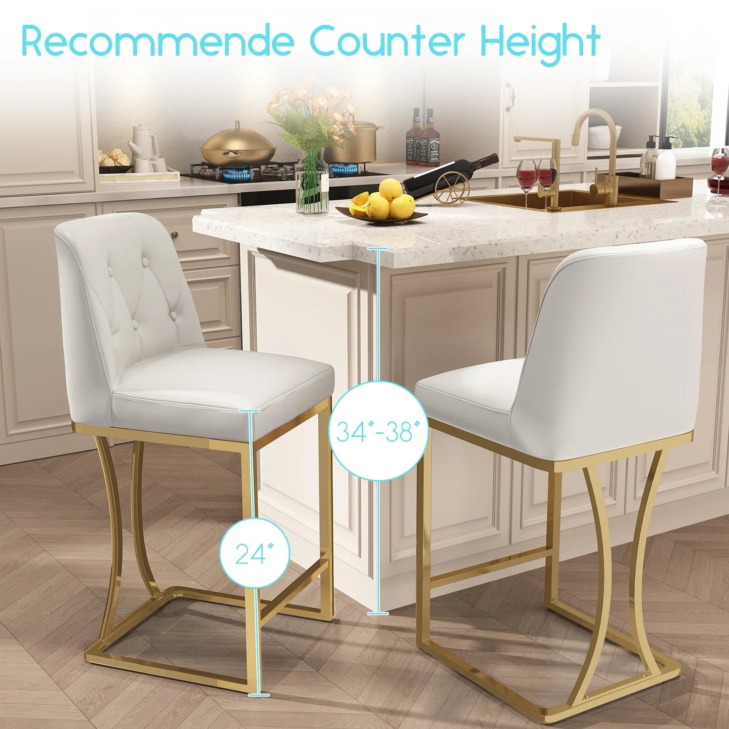HomeZeer Counter Height Bar Stools Set of 4, Bar Stools with Back and Sliver Metal Frame, 24" Barstools with Footrest, Upholstered PU Leather Counter Stool Chairs for Kitchen Island,White