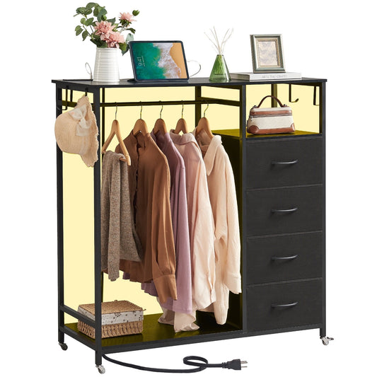 Somdot Dresser with Clothes Rack, 4 Drawers Dresser with Charging Station & LED, Black Storage Closet