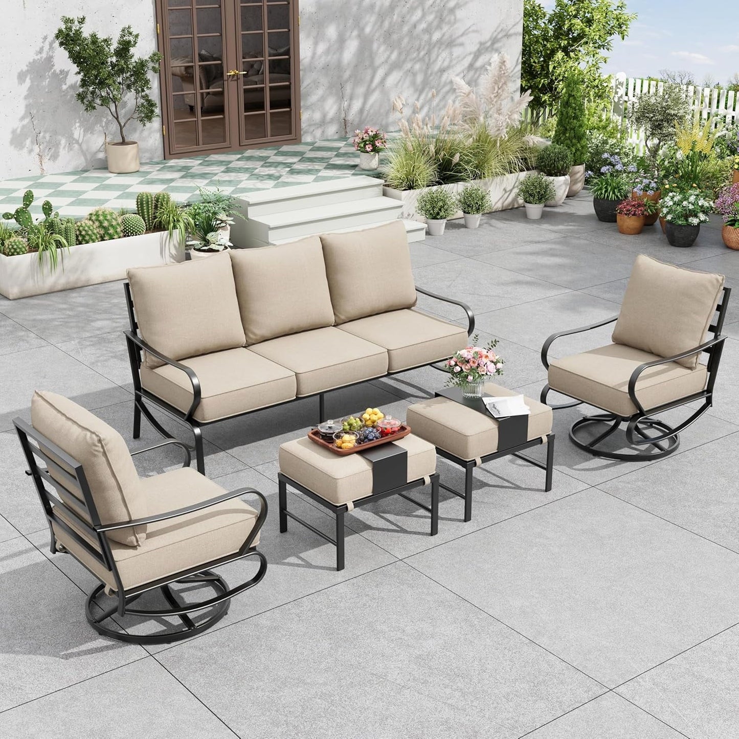 Poteban Patio Furniture Set 5 Pcs, Metal Outdoor Furniture Patio Set, 3-Seat Sofa, 2 x Swivel Chairs, 2 x Ottomans for Backyard Porch Garden, Beige