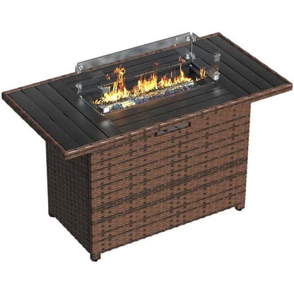 Poteban Rattan Propane Gas Fire Table,Outdoor Gas Burning Fire Pit,Outdoor Rattans Wicker-Look Square Fire Table with windscreen for Backyard,Brown