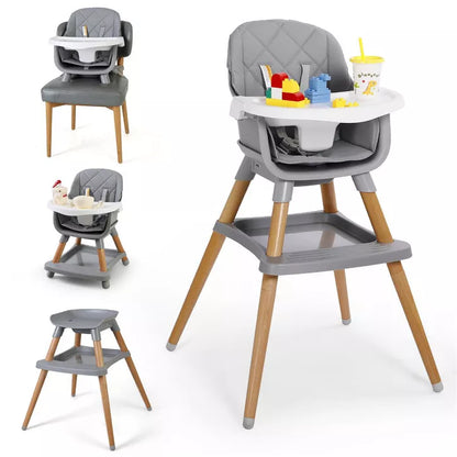 Kinder King 7 in 1 Baby High Chair Convert to Wooden Feeding Chair Removable Tray 5-Point Harness Gray