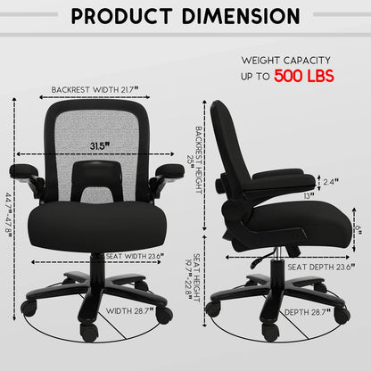 HomeZeer Big and Tall Office Chair 500lbs, Rocking Ergonomic Desk Chair with Adjustable Lumbar Support, Heavy Duty Mesh Office Chair for Heavy People, Wide Seat Swivel Computer Chair, Black