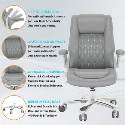 HomeZeer Executive Office Chair 400lbs, High Back Office Chair with Adjustable Flip-Up Arms,Leather Computer Desk Chair with Lumbar Support, Gray
