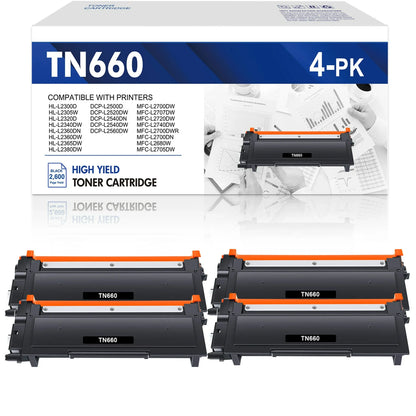 TN660 TN-660 Toner Cartridge Compatible Black Toner Replacement for Brother TN 660 TN-660 HL-L2300D L2320D L2360DW L2380DW MFC-L2680W L2705DW DCP-L2520DW L2540DW Printer Ink - 4 Pack