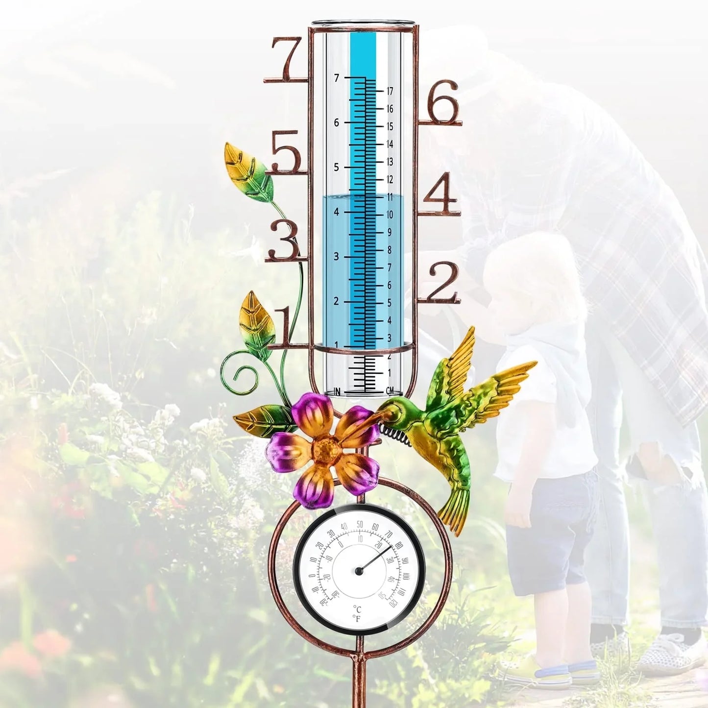 VANCORE Rain Gauge Outdoor: 32" Copper Rain Gauges Outdoor 7" Capacity with Thermometer Metal Stake, Hummingbird