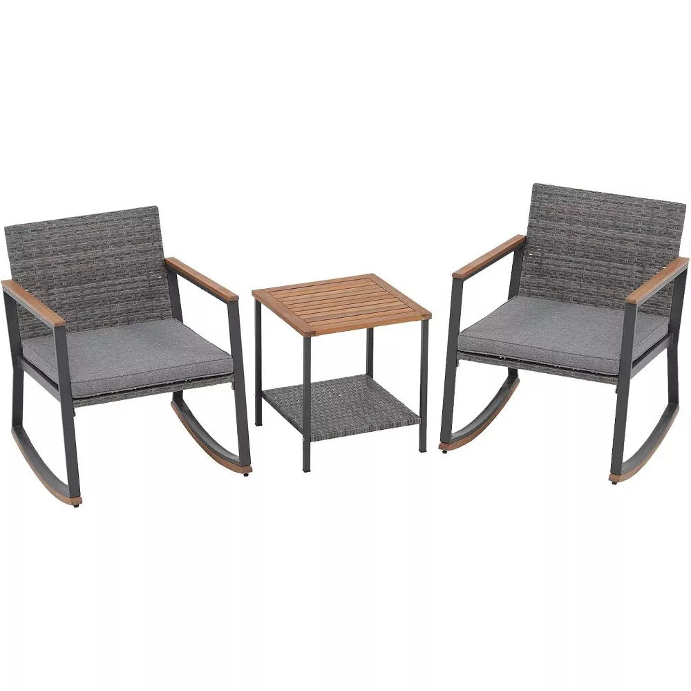 My Depot Outdoor Rattan Chair 3 Piece Set with Coffee Table and Cushions for Balcony Porch Poolside