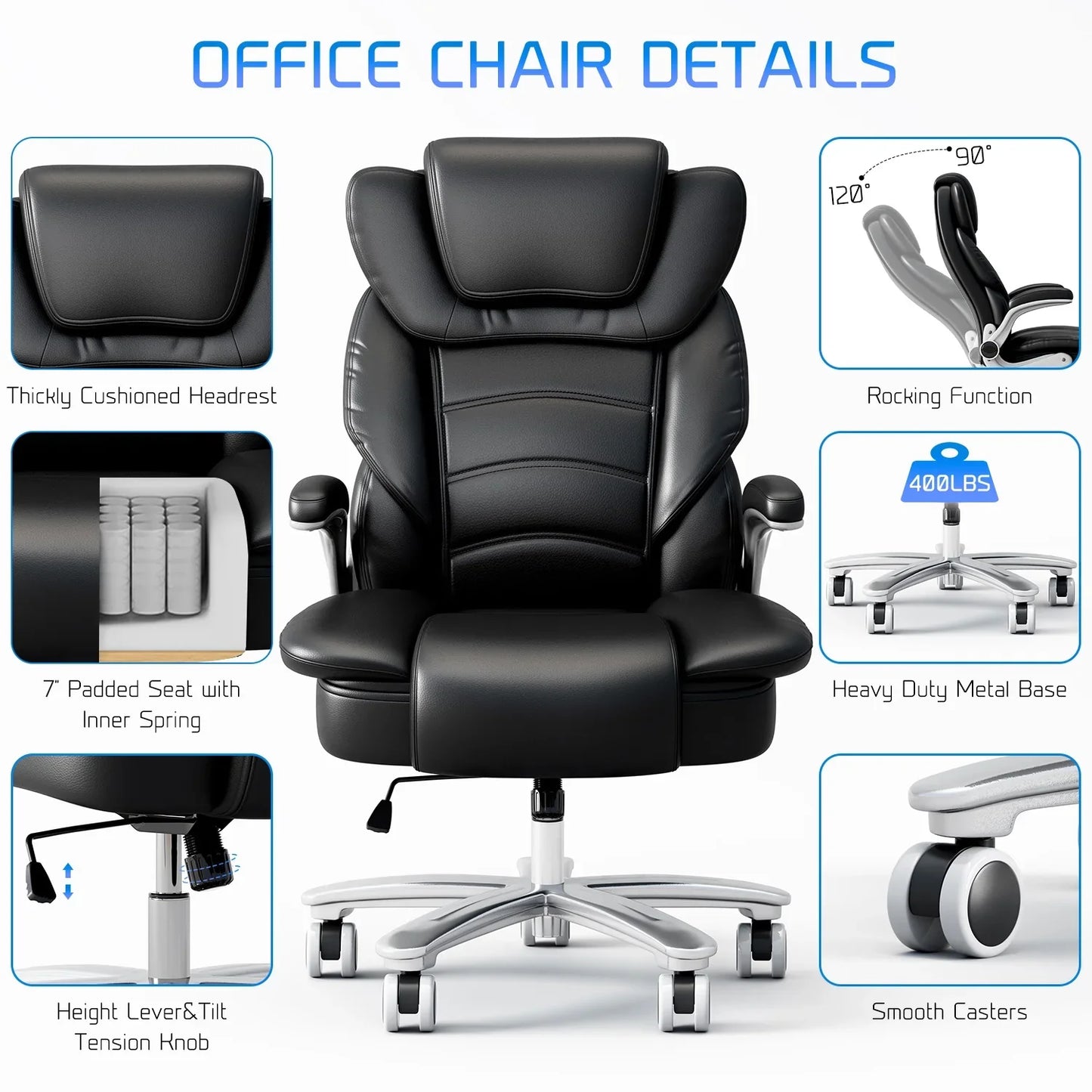 HomeZeer Big and Tall Office Chair 400lbs, High Back Leather Executive Office Chair with Adjustable Armrest, Wide Seat and Lumbar Support Ergonomic Office Chair, Black