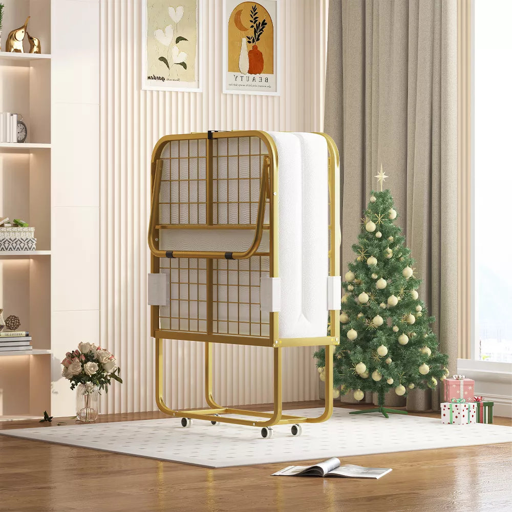 Mjkone Folding Bed with Memory Foam Mattress, Single Rollaway Bed for Guests, Space Saving Portable Bed with Lockable Wheels, Easy Assembly & Moving