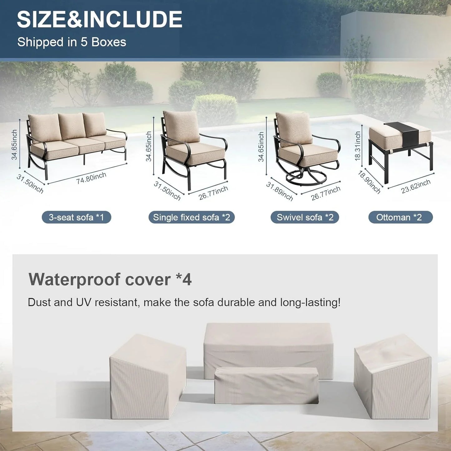 Ecopatio 7 Metal Classic Style Outdoor Conversation Sets with Chairs, Khaki