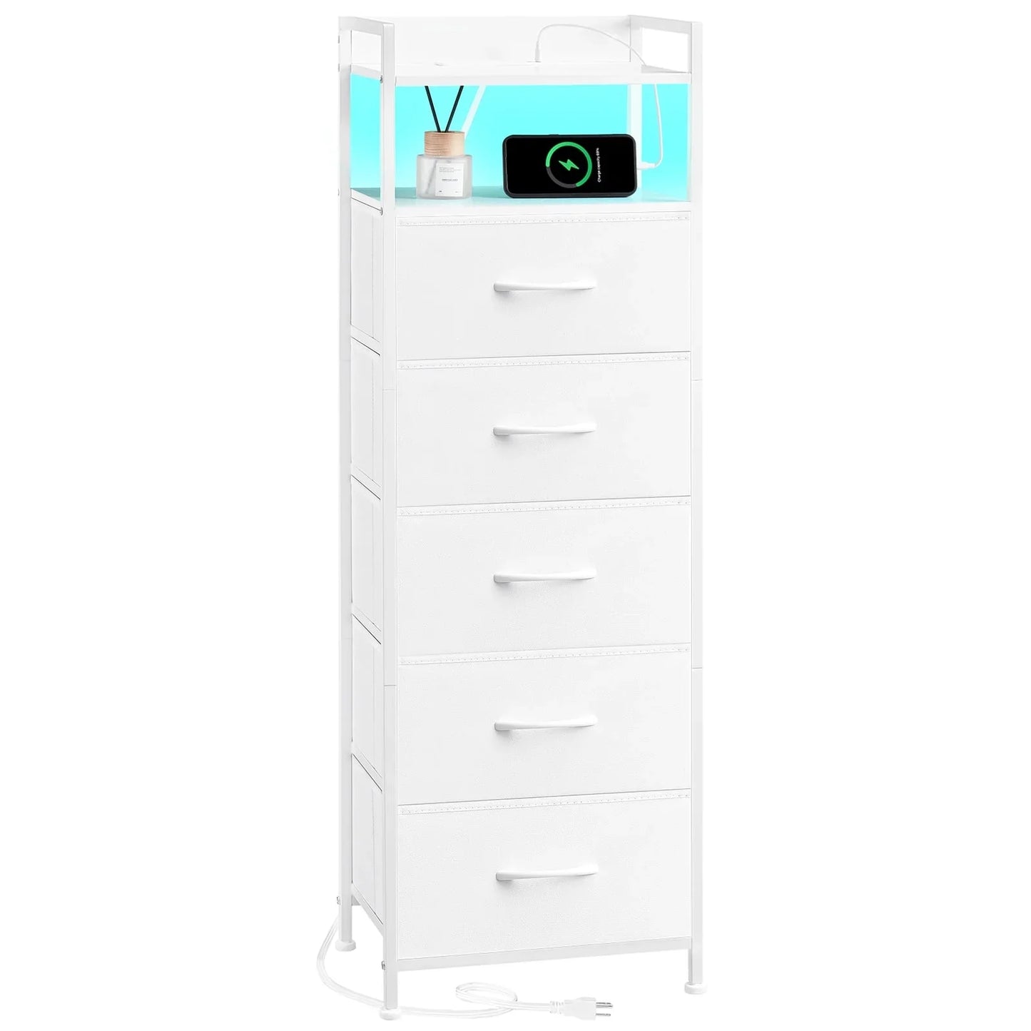 Somdot Fabric Dresser 5 Drawer Vertical with LED, Charging Station and Handle, White Leather