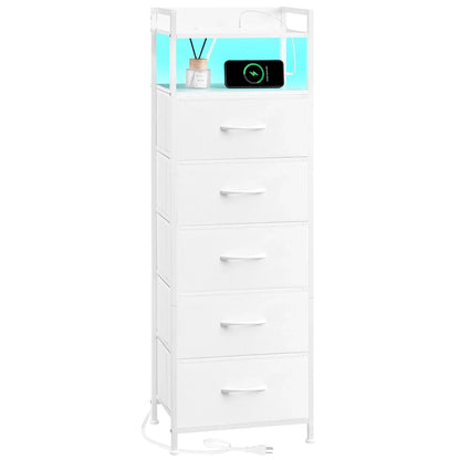 Somdot Fabric Dresser 5 Drawer Vertical with LED, Charging Station and Handle, White Leather