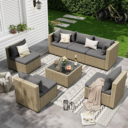 Poteban 7 Piece Outdoor Patio Furniture Set, Grey Rattan Wicker Outdoor Conversation Sectional Sofa Set with Cushions for Backyard, Gray