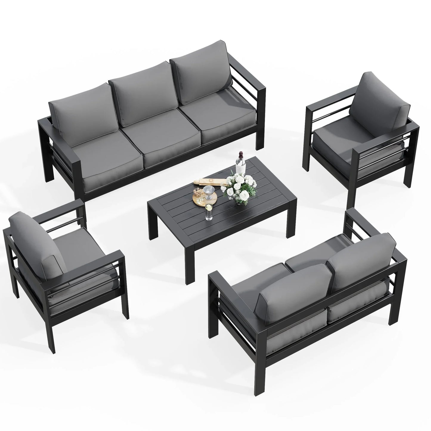 ECOPATIO Aluminum Patio Furniture Set, 8 Pcs Metal Modern Outdoor Sofa Sets, Outdoor Sectional Patio Conversation Set with Coffee Table for Backyard, Poolside, Dark Grey (Included Waterproof Covers)