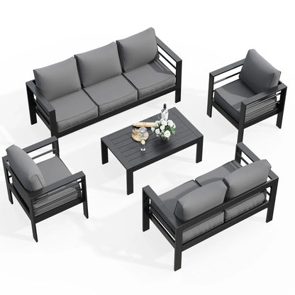 ECOPATIO Aluminum Patio Furniture Set, 8 Pcs Metal Modern Outdoor Sofa Sets, Outdoor Sectional Patio Conversation Set with Coffee Table for Backyard, Poolside, Dark Grey (Included Waterproof Covers)