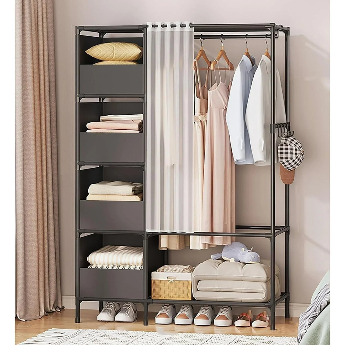 Clothes Rack, Portable Closet, Freestanding Closet Organizer with Curtain, 4 Tier Garment Rack for Bed Room, Black