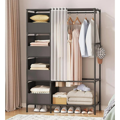 Clothes Rack, Portable Closet, Freestanding Closet Organizer with Curtain, 4 Tier Garment Rack for Bed Room, Black