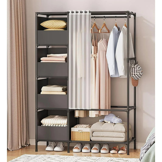 Clothes Rack, Portable Closet, Freestanding Closet Organizer with Curtain, 4 Tier Garment Rack for Bed Room, Black