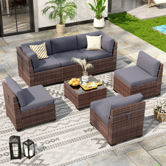 Poteban 7 Pieces Outdoor Sectional Sofa Set with Waterproof Cover, PE Wicker Rattan Slanted Back Outdoor Conversation with Cushions and Glass Coffee Table for Backyard Garden Dark, Grey