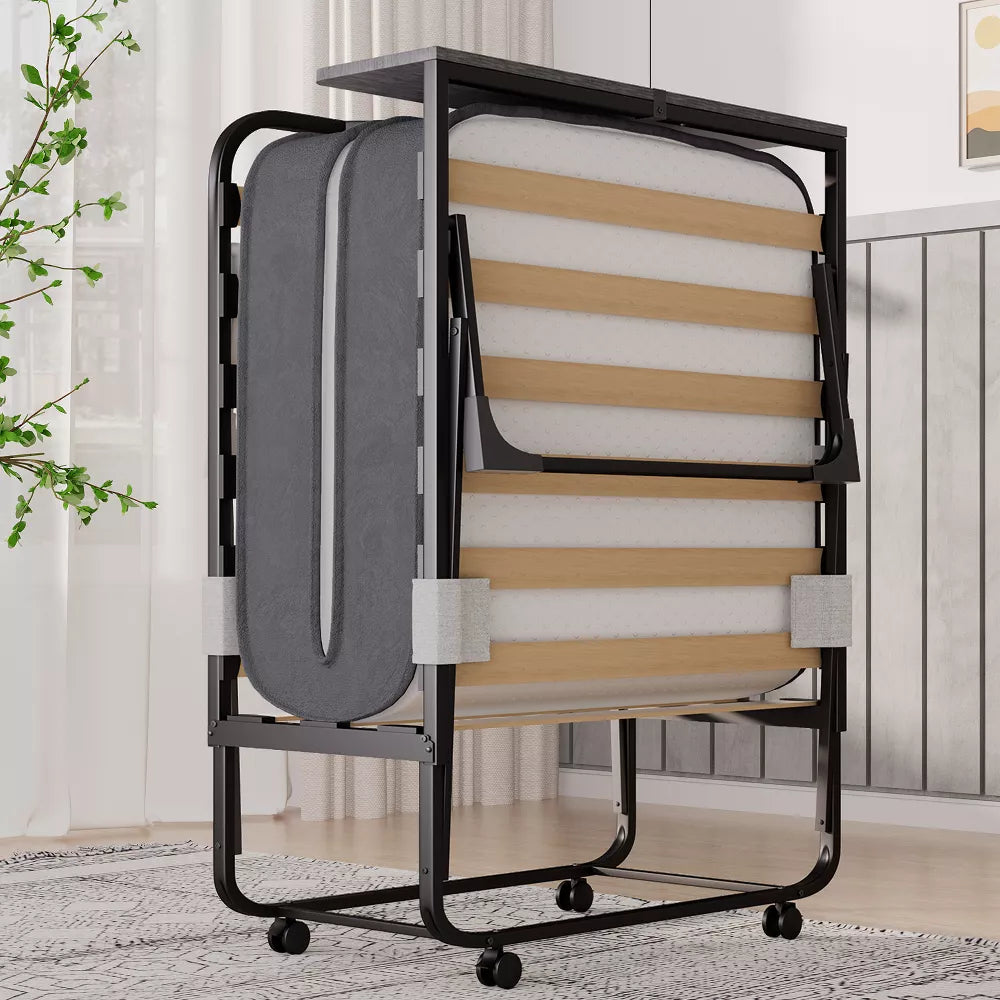 Mjkone Adult Folding Bed with Memory Foam Mattress Sleeper Wood Slats Black 75*32