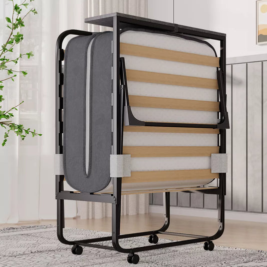 Mjkone Adult Folding Bed with Memory Foam Mattress Sleeper Wood Slats Black 75*32