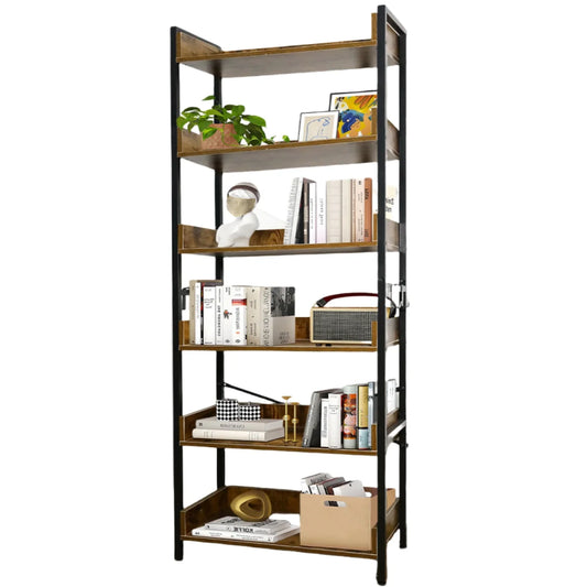 Bookshelf 6 Tier with 4 Hooks, Industrial Bookcase, Vintage Storage Rack with Open Shelves, Rustic Standing Bookshelves Metal Frame Display Rack for Living Room, Bedroom, Rustic Brown