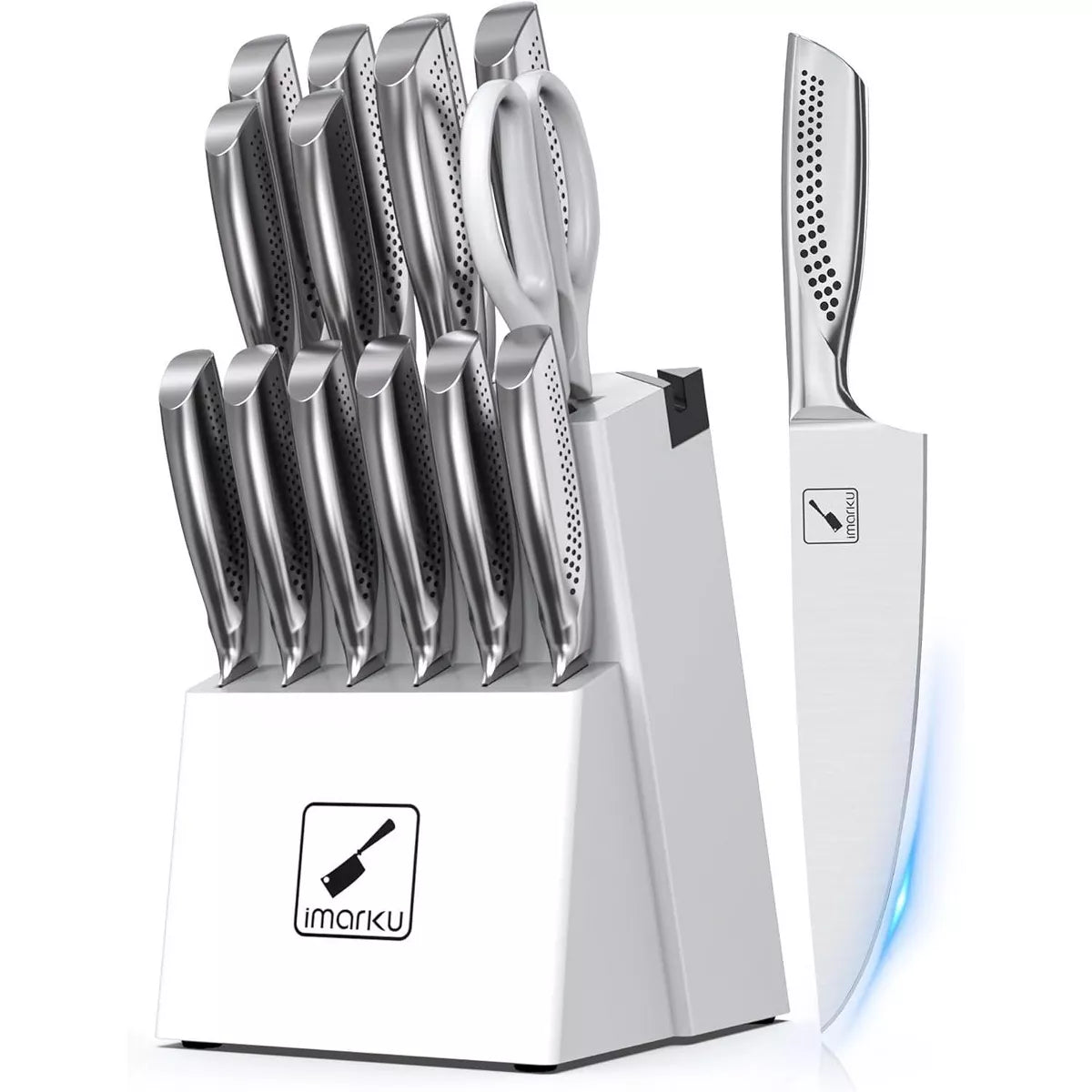 imarku, Japanese HC Stainless Steel 15 PCS Kitchen Knife Set With Block With Built-in Sharpener, Knife Block Set With Dotted Ergomomic Handle, White