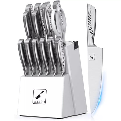 imarku, Japanese HC Stainless Steel 15 PCS Kitchen Knife Set With Block With Built-in Sharpener, Knife Block Set With Dotted Ergomomic Handle, White